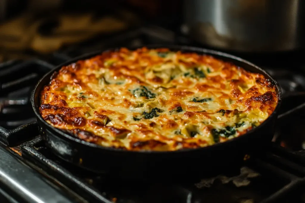 Golden-brown baked Knorr Spinach Artichoke Dip in a cast-iron skillet, fresh from the oven and ready to serve.