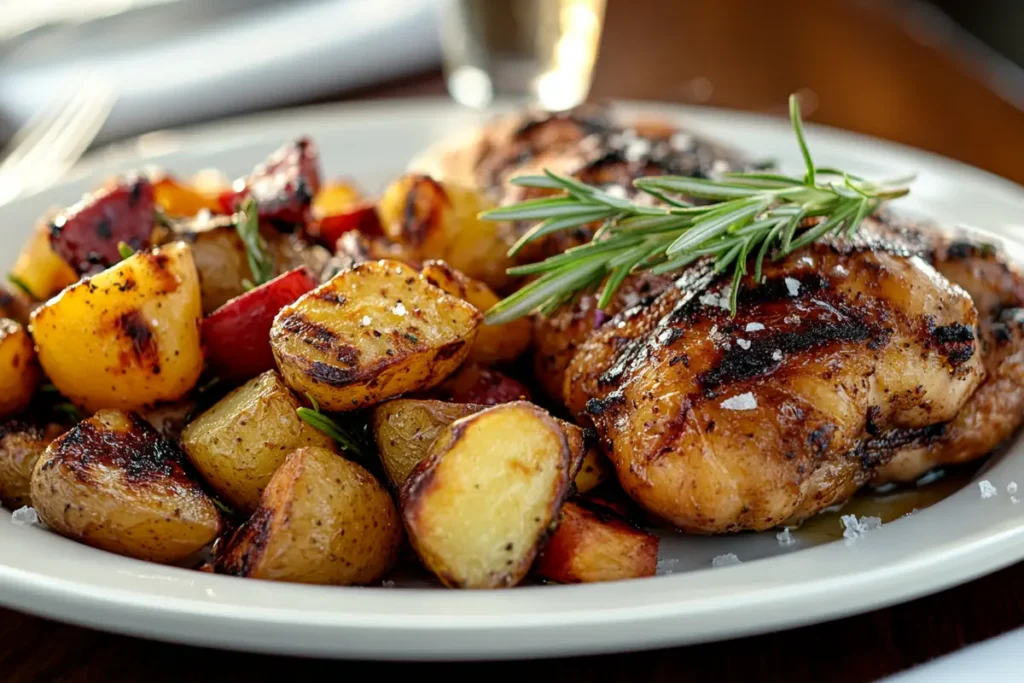 Plate of golden, crispy roasted potatoes paired with juicy, grilled chicken thighs garnished with fresh rosemary sprigs