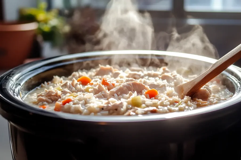 Close-up of steaming forgotten chicken cooking in a slow cooker, featuring tender chicken pieces, rice, and colorful vegetables, with a wooden spoon stirring the dish.