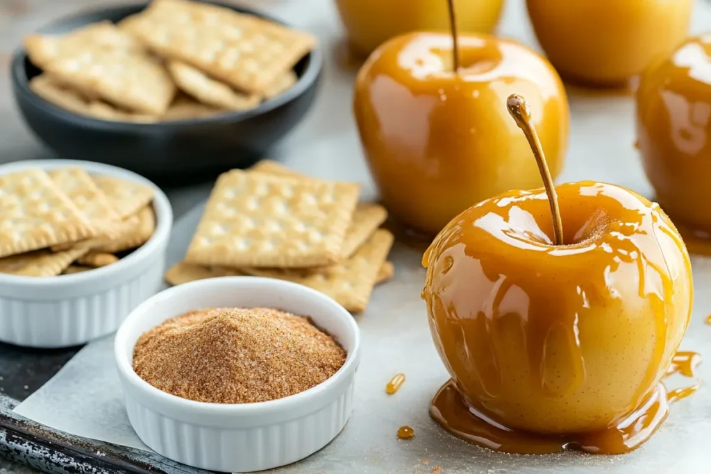 A close-up of caramel-dipped apples ready to be coated in cinnamon sugar and crushed graham crackers. The image highlights the ingredients and preparation process for making delicious Apple Pie Caramel Apples.