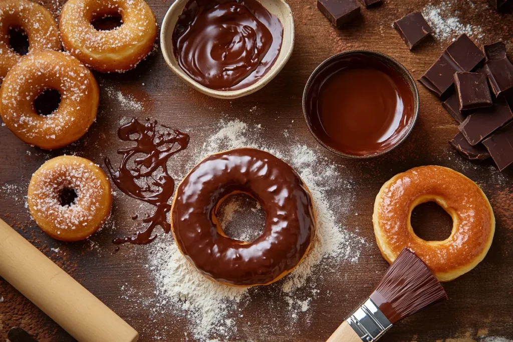 Step-by-step preparation of chocolate iced donuts, featuring golden donuts being coated with glossy chocolate glaze, bowls of melted chocolate, and a brush used for glazing, set on a rustic wooden surface with flour and chocolate pieces.