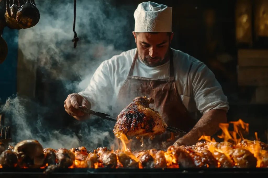 Chef grilling rotisserie chicken over open flames, holding a golden-brown piece with tongs amidst smoky and fiery surroundings.