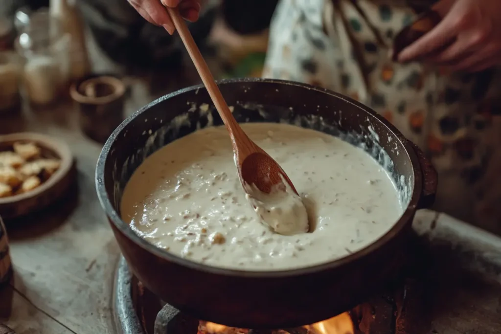 Spinach artichoke dip being stirred with a wooden spoon in a cast iron pan over a stovetop flame, showcasing its creamy, smooth texture in a cozy kitchen setting.