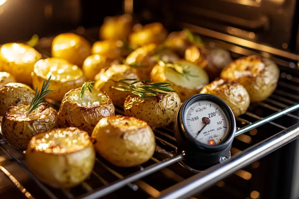 A tray of golden roast potatoes in an oven, perfectly spaced and topped with rosemary, with an oven thermometer showing 220°C (425°F) in the foreground.