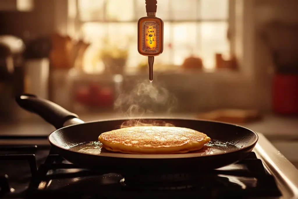 A perfectly golden pancake cooking in a pan with a thermometer measuring the heat, showcasing the importance of proper temperature in How to Keep Pancakes Crispy?