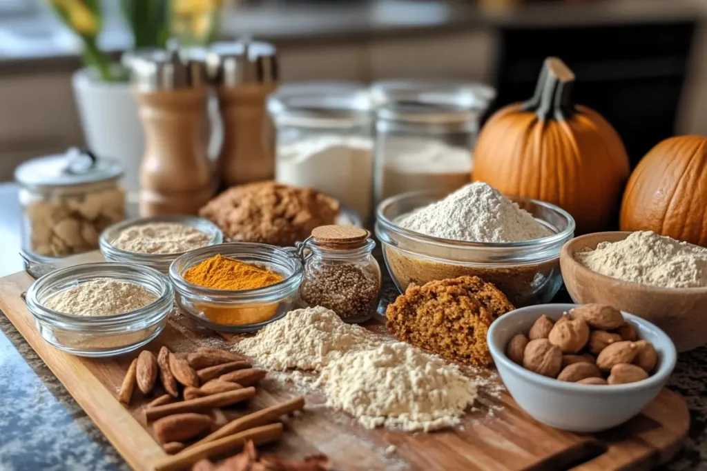 A variety of pumpkin bread mix ingredients displayed on a wooden board, including bowls of flour, spices, brown sugar, nuts, and pumpkins in the background, creating a warm and cozy autumn kitchen setting.