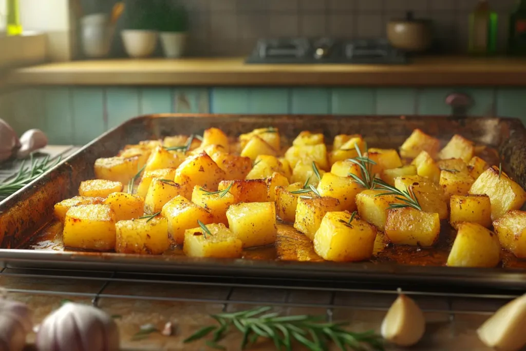 Golden roasted potato cubes garnished with fresh rosemary on a baking tray, surrounded by garlic and herbs in a warm kitchen setting.