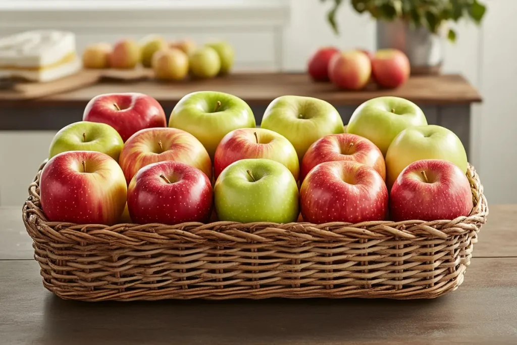 A vibrant display of Granny Smith, Honeycrisp, Jonagold, Braeburn, Northern Spy, Golden Delicious, and Pink Lady apples in a basket, showcasing which apple is best for apple pie.