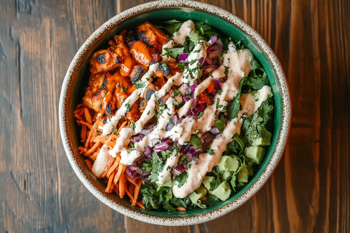 A fully loaded and vibrant chipotle chicken fresh mex bowl showcasing fresh ingredients.