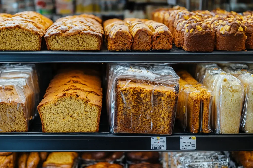 A display of various packaged pumpkin bread loaves on grocery store shelves, showcasing different textures, toppings, and styles, emphasizing the variety of available options.