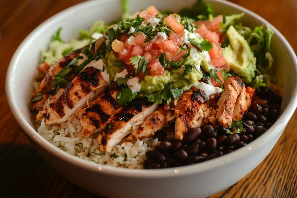 A delicious What Does a Chipotle Chicken Bowl Have?, black beans, cilantro-lime rice, fresh pico de gallo, guacamole, sour cream, and shredded lettuce, served in a white bowl.