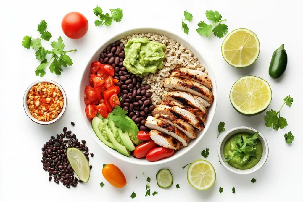 What does a Chipotle chicken bowl have? for nutrition - a balanced mix of grilled chicken, brown rice, black beans, fresh vegetables, and guacamole.