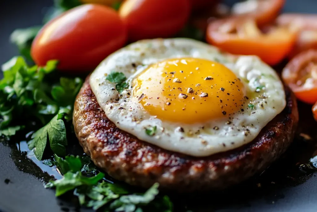 Breakfast sausage patty topped with a sunny-side-up egg, garnished with parsley, and served with fresh cherry tomatoes.