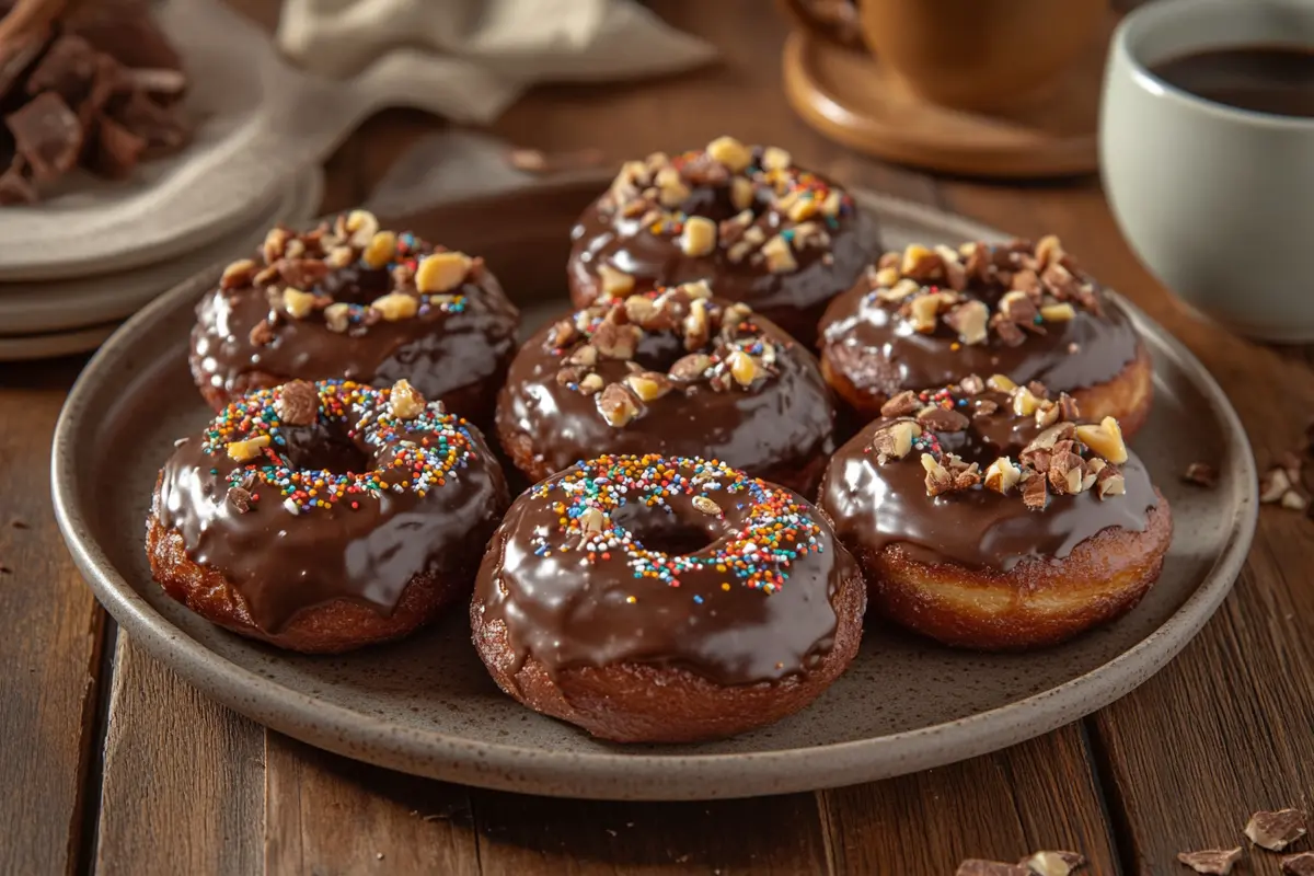 Plate of chocolate iced donuts topped with colorful sprinkles and crushed nuts, served on a rustic wooden table with coffee in the background.