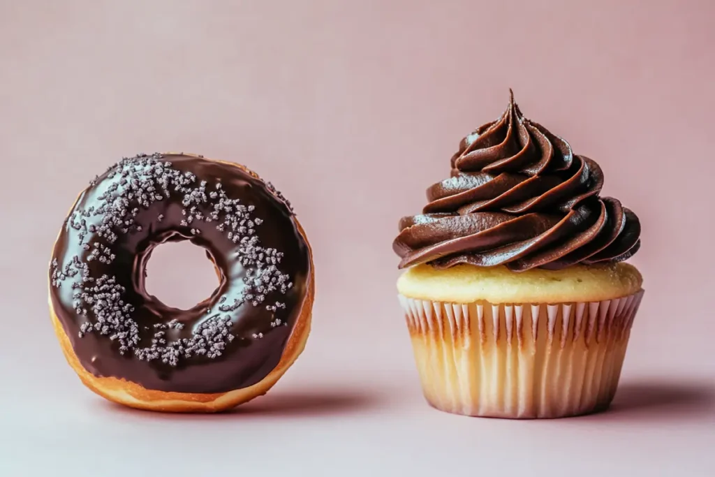 a chocolate frosted donut and a cupcake