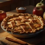 A freshly baked golden-brown lattice apple pie surrounded by fresh apples, cinnamon sticks, and a bowl of sugar on a wooden table, perfect for showcasing which apple is best for apple pie.