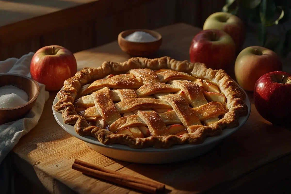 A freshly baked golden-brown lattice apple pie surrounded by fresh apples, cinnamon sticks, and a bowl of sugar on a wooden table, perfect for showcasing which apple is best for apple pie.