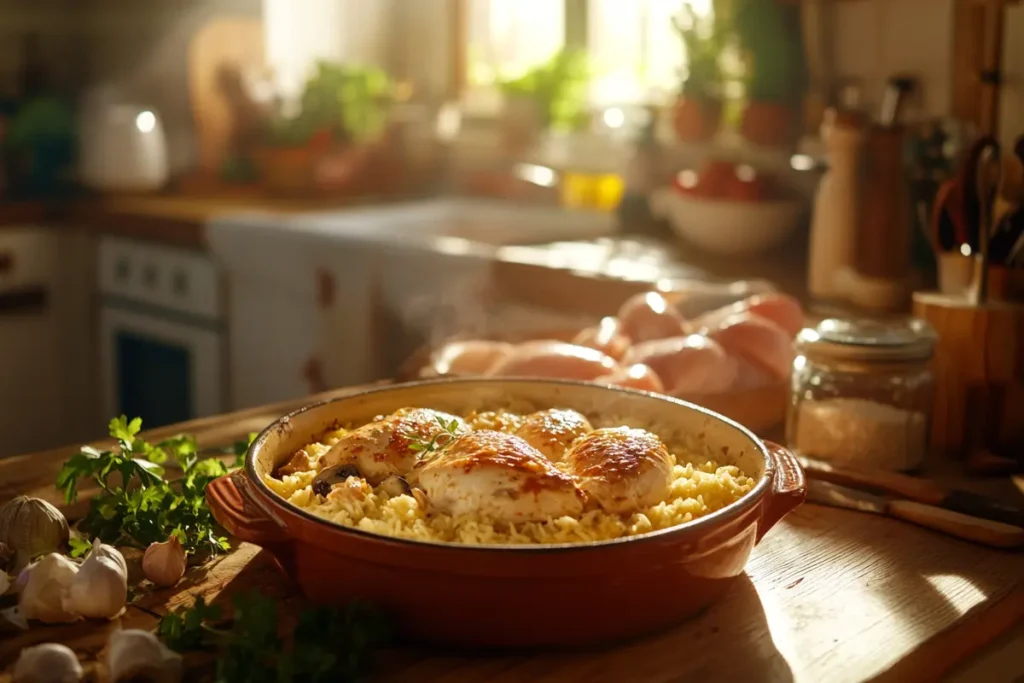 A freshly baked forgotten chicken casserole in a rustic ceramic dish, surrounded by raw chicken breasts, rice, garlic, and fresh parsley in a cozy, sunlit kitchen.