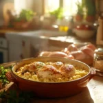 A freshly baked forgotten chicken casserole in a rustic ceramic dish, surrounded by raw chicken breasts, rice, garlic, and fresh parsley in a cozy, sunlit kitchen.