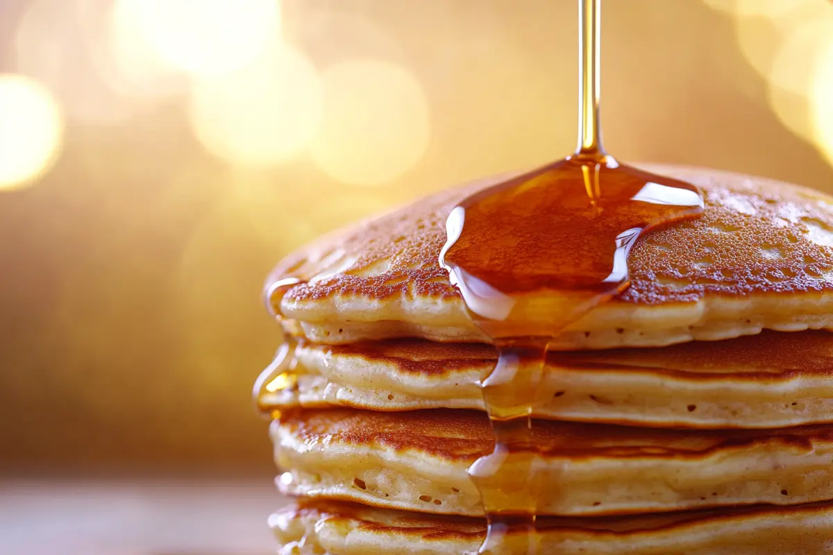 A stack of golden-brown pancakes with crispy edges topped with maple syrup dripping over the sides, illustrating How to Keep Pancakes Crispy?, glowing against a warm, golden background.