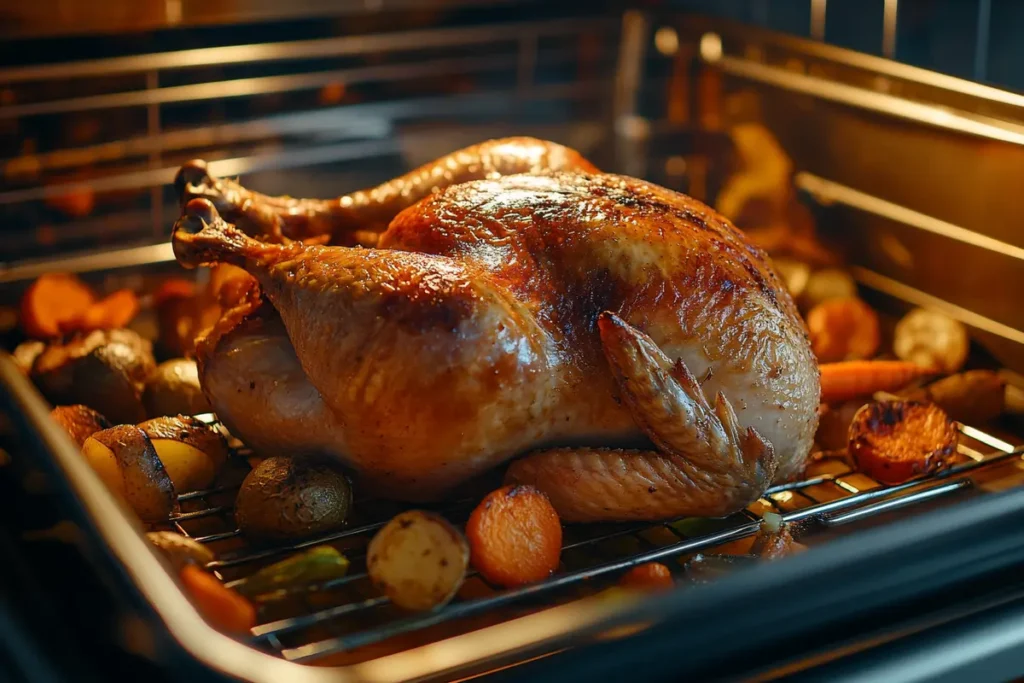 A perfectly roasted golden-brown chicken on a rack in a roasting pan, surrounded by caramelized vegetables like potatoes, carrots, and onions, inside a modern oven with warm lighting.