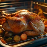 A perfectly roasted golden-brown chicken on a rack in a roasting pan, surrounded by caramelized vegetables like potatoes, carrots, and onions, inside a modern oven with warm lighting.