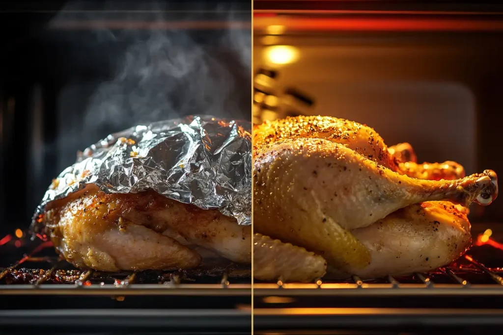 A side-by-side comparison of a chicken roasted covered versus uncovered, showcasing the difference in texture and browning for the debate on whether to roast chicken covered or uncovered.