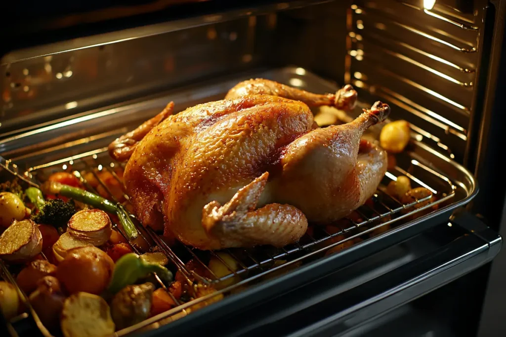 A crispy, golden-brown roasted chicken sitting uncovered in a roasting pan, highlighting the advantages of uncovered roasting and its impact on texture for those wondering whether to roast chicken covered or uncovered