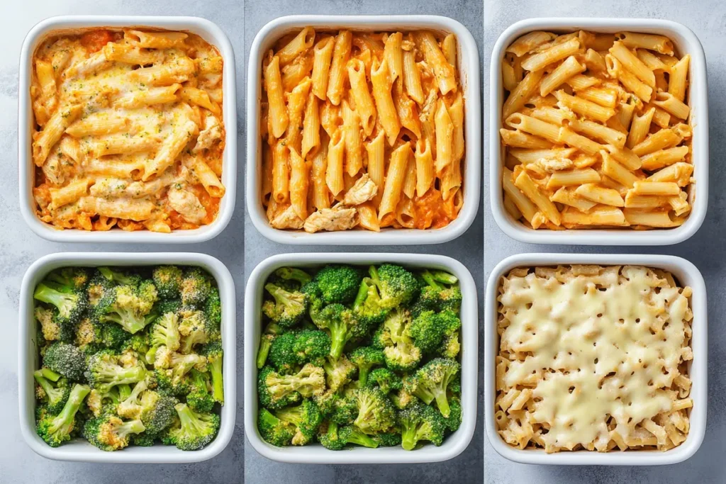 A collage showing different versions of chicken broccoli ziti, including baked, creamy, and classic variations, alongside fresh steamed broccoli. This image highlights healthy and indulgent options, helping answer the question: Is chicken broccoli ziti healthy?