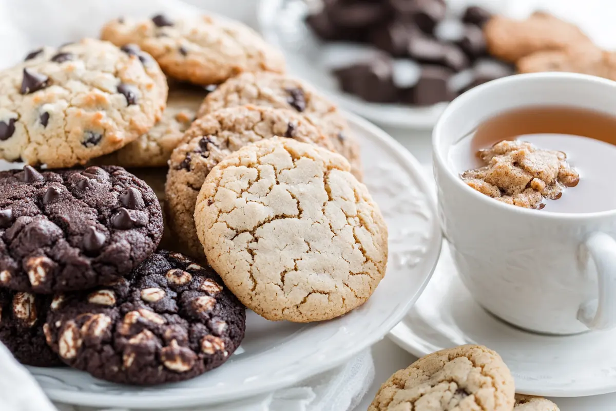 A plate of assorted almond flour cookies, including chocolate chip and double chocolate varieties, alongside a cup of tea, answering the question: Can almond flour be used for baking cookies?