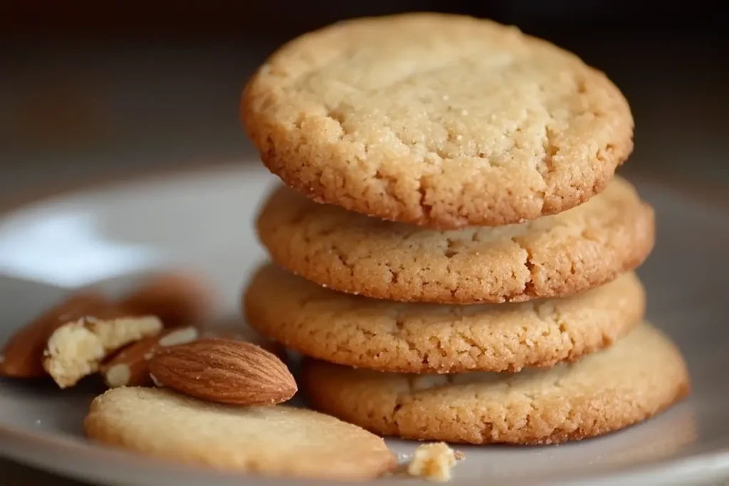 What is the secret to baking with almond flour? A stack of golden almond flour cookies with almonds scattered around.