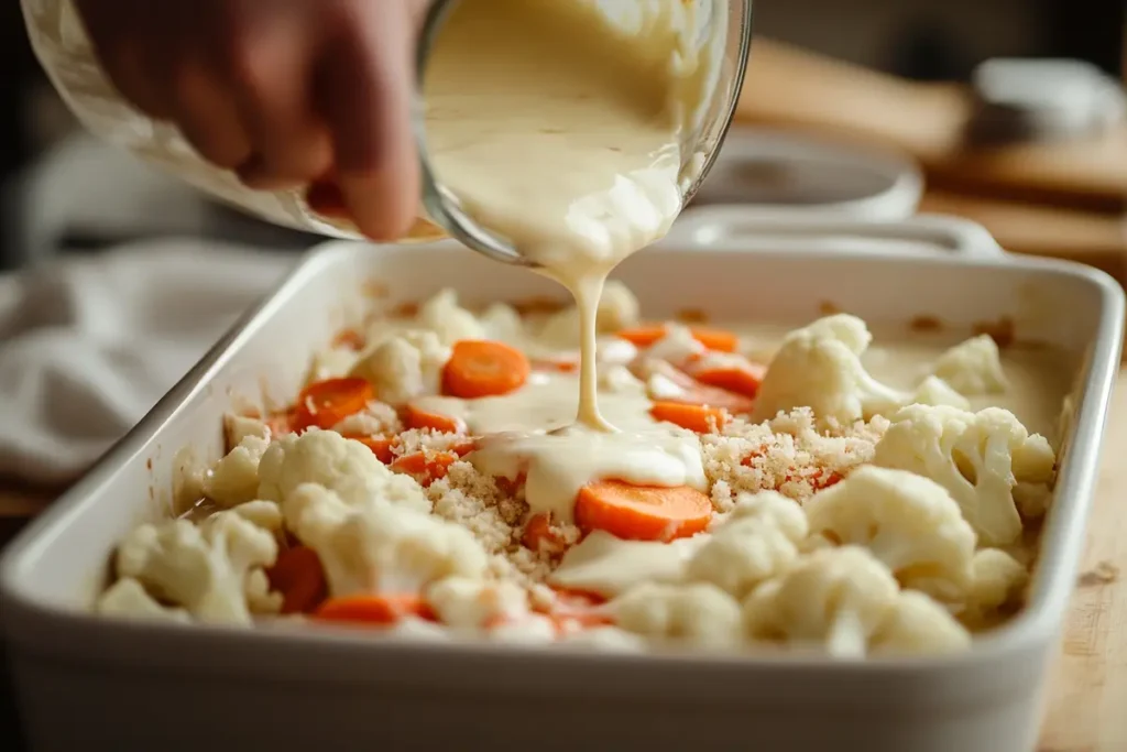 Pouring creamy cheese sauce over fresh cauliflower and carrot layers in a baking dish, preparing a delicious cauliflower and carrot bake.