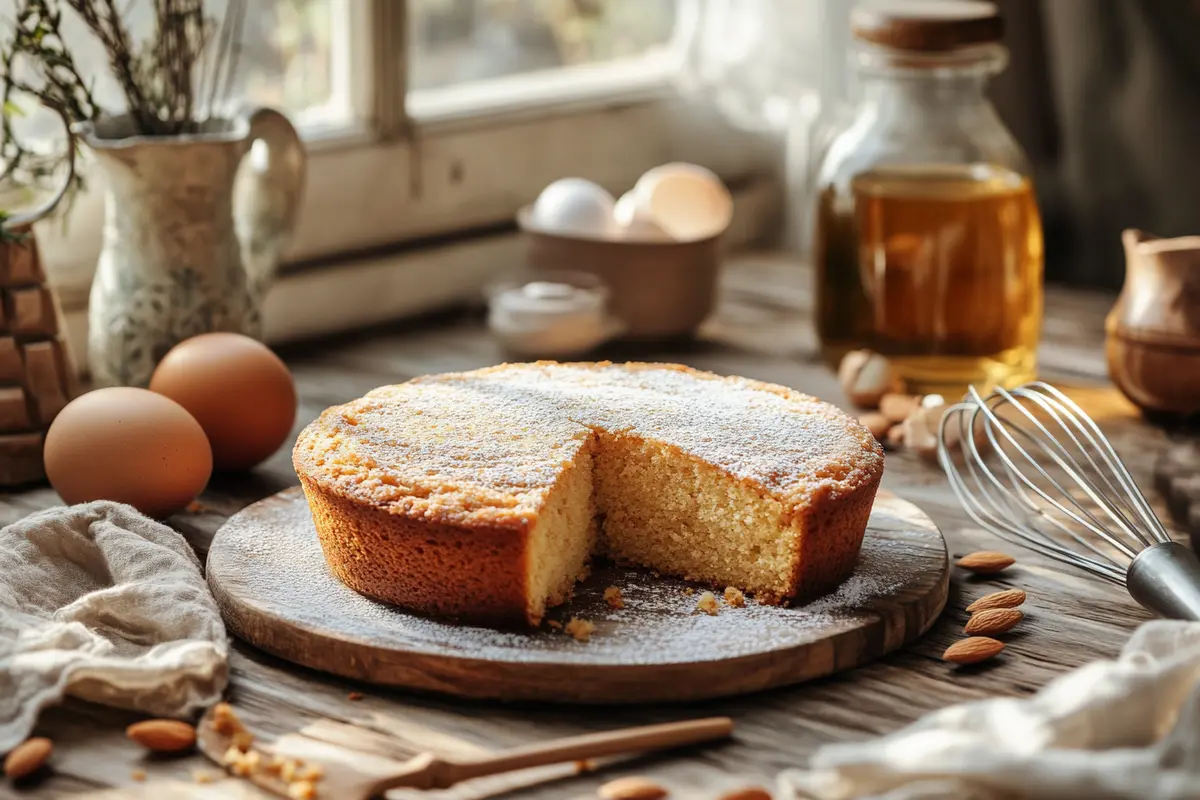 What is the secret to baking with almond flour? Rustic almond flour cake scene with natural light from a nearby window.