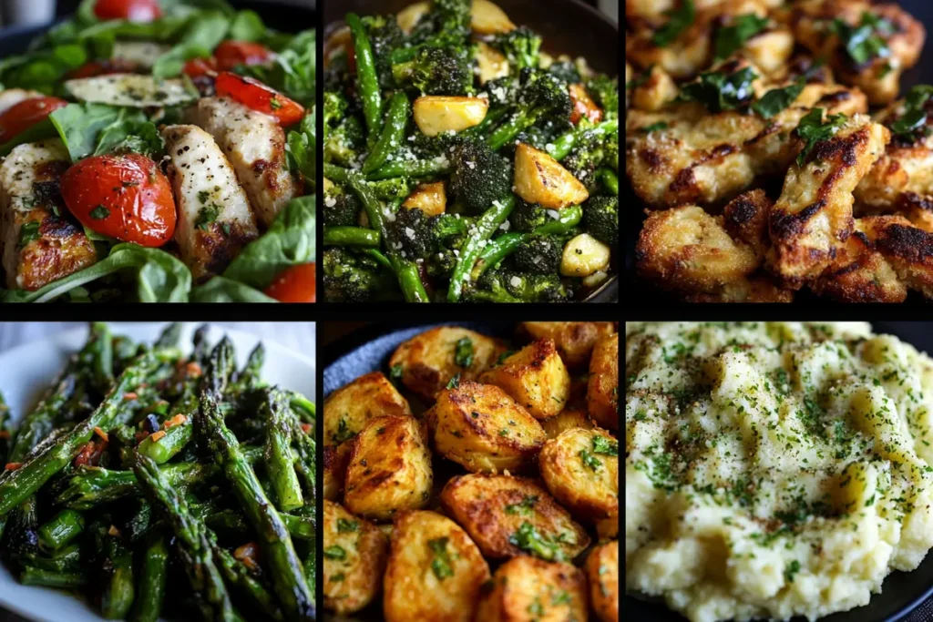 Collage of delicious side dishes showcases what to serve with chicken ziti broccoli?
, including salads, roasted vegetables, and potatoes.