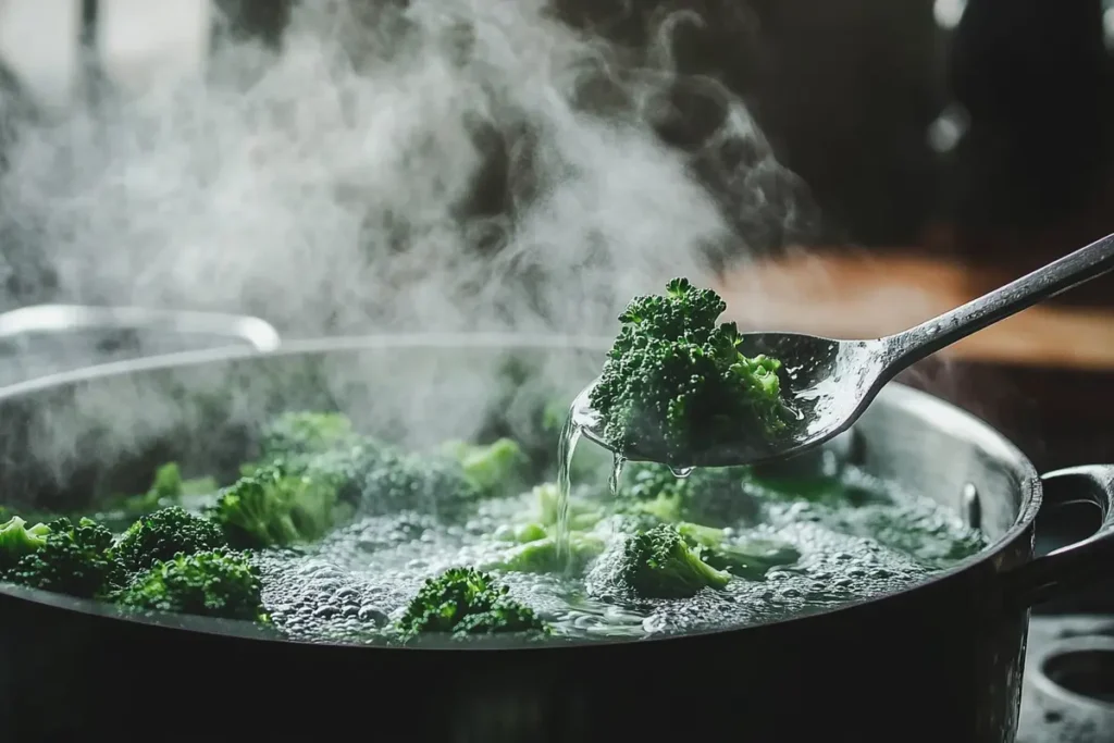 Fresh broccoli florets being blanched in a pot of boiling water, with steam rising and bubbles surrounding the vibrant green vegetables. A slotted spoon lifts a portion of the broccoli, preparing it for a delicious dish of broccoli ziti and chicken.