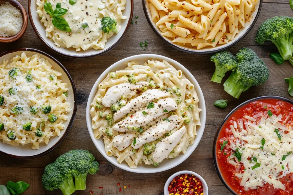 An assortment of broccoli ziti and chicken variations displayed on a rustic wooden table, featuring creamy Alfredo, light garlic and olive oil, and spicy marinara adaptations. Surrounded by fresh ingredients like steamed broccoli, parmesan cheese, red pepper flakes, and basil, showcasing different ways to enjoy this classic dish.