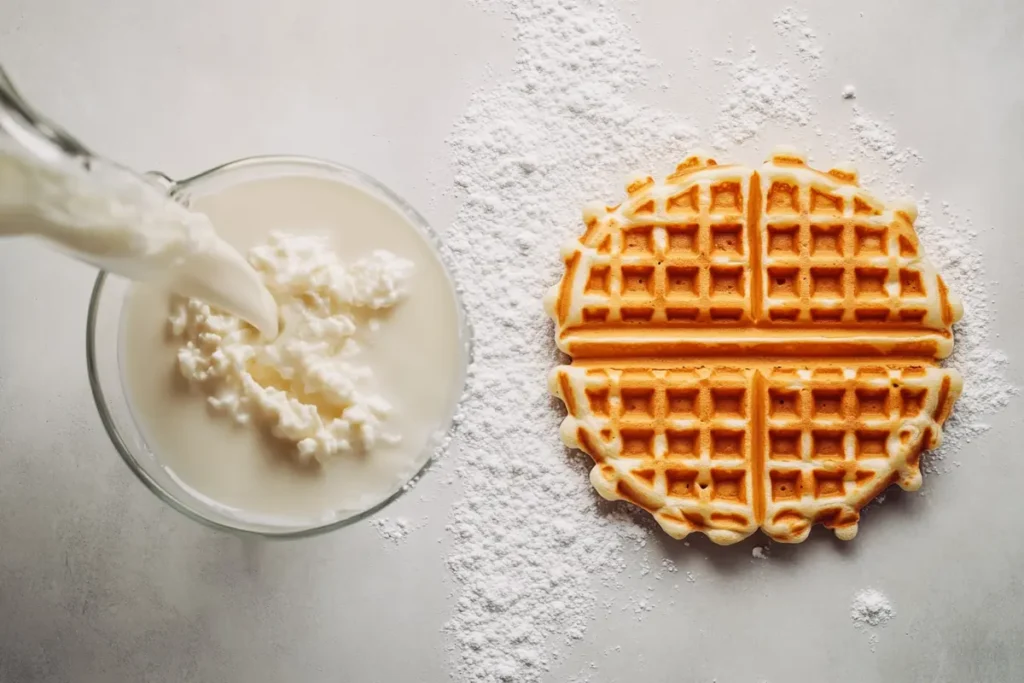 A glass bowl of buttermilk being poured, creating curdled textures, next to a golden waffle on a floured surface. This image illustrates the role of buttermilk in achieving crispy waffles and answers the question: Why aren't my waffles crispy?.