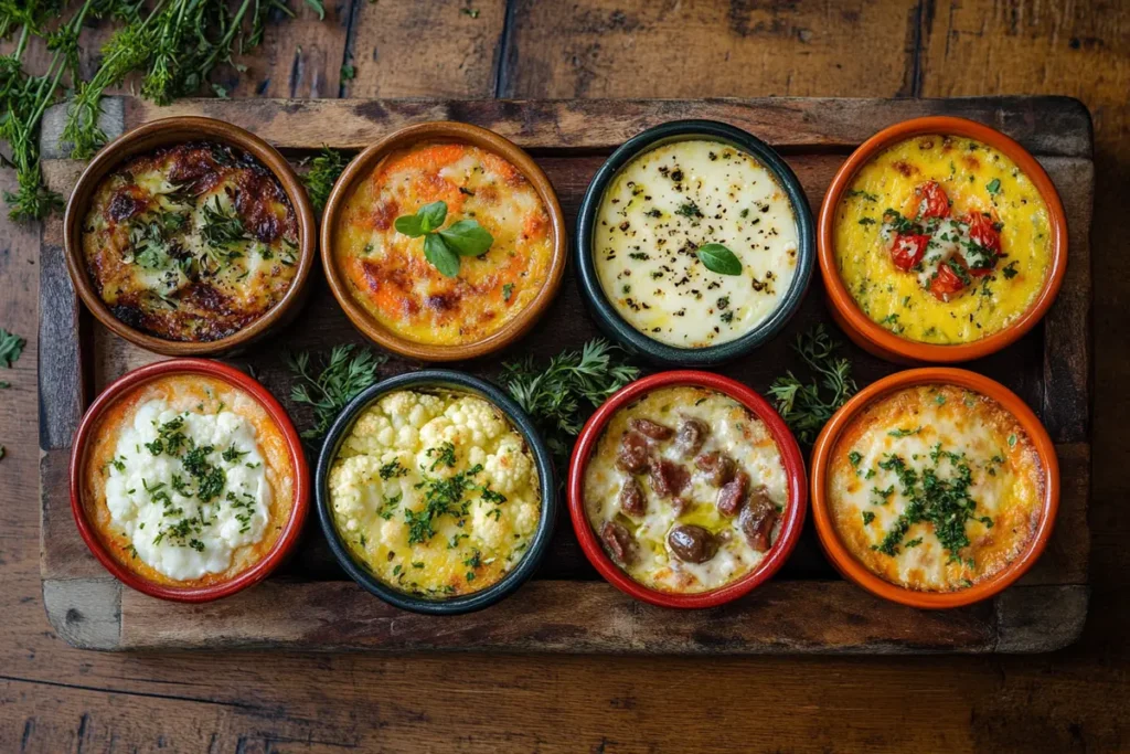 A variety of cauliflower and carrot bake dishes, each served in rustic ceramic bowls, showcasing different flavors like classic cheese, Mediterranean, spicy curry, and vegan options.