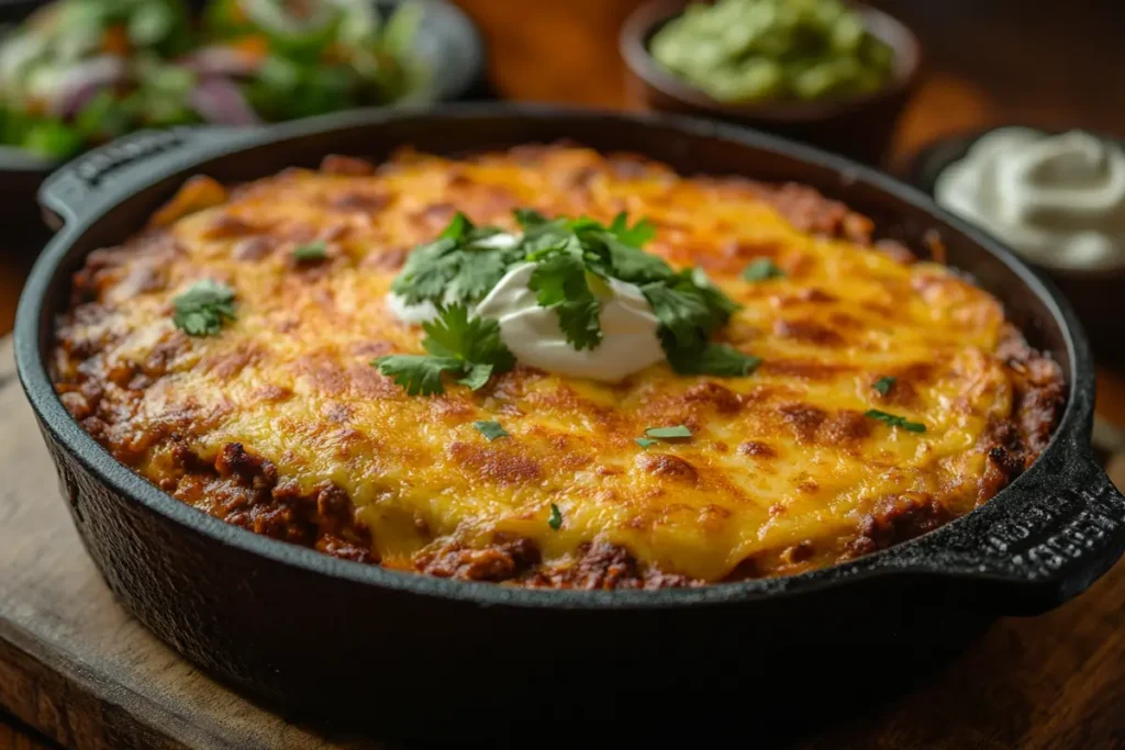 What to make with Mexican style cheese? A cheesy enchilada bake in a cast iron skillet, topped with golden melted cheese, fresh cilantro, and a dollop of sour cream, served on a rustic wooden table with sides of guacamole and sour cream.