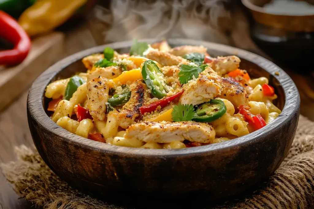 A rustic wooden bowl filled with creamy Mexican Mac and Cheese, topped with grilled fajita-seasoned chicken strips, sautéed bell peppers, melted cheese, golden breadcrumbs, and garnished with sliced jalapeños and fresh cilantro, with steam rising for a warm, comforting feel.