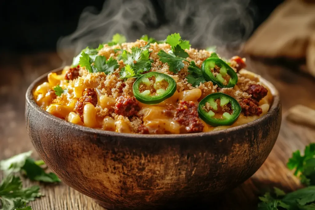 A rustic wooden bowl filled with creamy Mexican Mac and Cheese, topped with crispy chorizo crumbles, melted cheese, golden breadcrumbs, sliced jalapeños, and fresh cilantro, with steam rising for a warm, comforting feel.