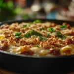 How to make chorizo mac and cheese? – A creamy, cheesy mac and cheese dish with smoky chorizo, crispy golden breadcrumbs, and fresh parsley, served in a cast-iron skillet.