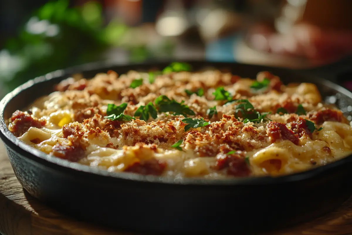 How to make chorizo mac and cheese? – A creamy, cheesy mac and cheese dish with smoky chorizo, crispy golden breadcrumbs, and fresh parsley, served in a cast-iron skillet.