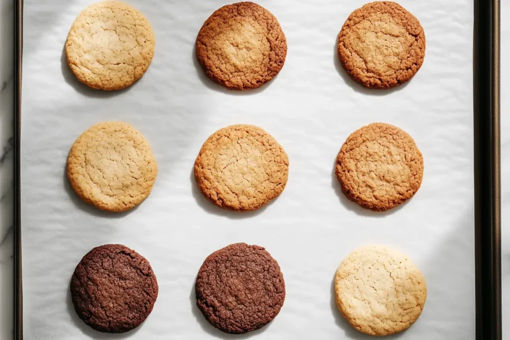 A baking sheet with almond flour cookies at various stages of browning, demonstrating how Can almond flour be used for baking cookies? with different cooking times.