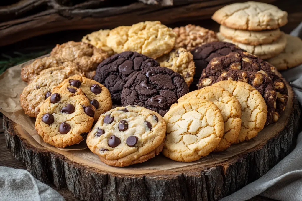 A rustic display of various almond flour cookies on a wooden platter, proving that: Can almond flour be used for baking cookies? with delicious results.