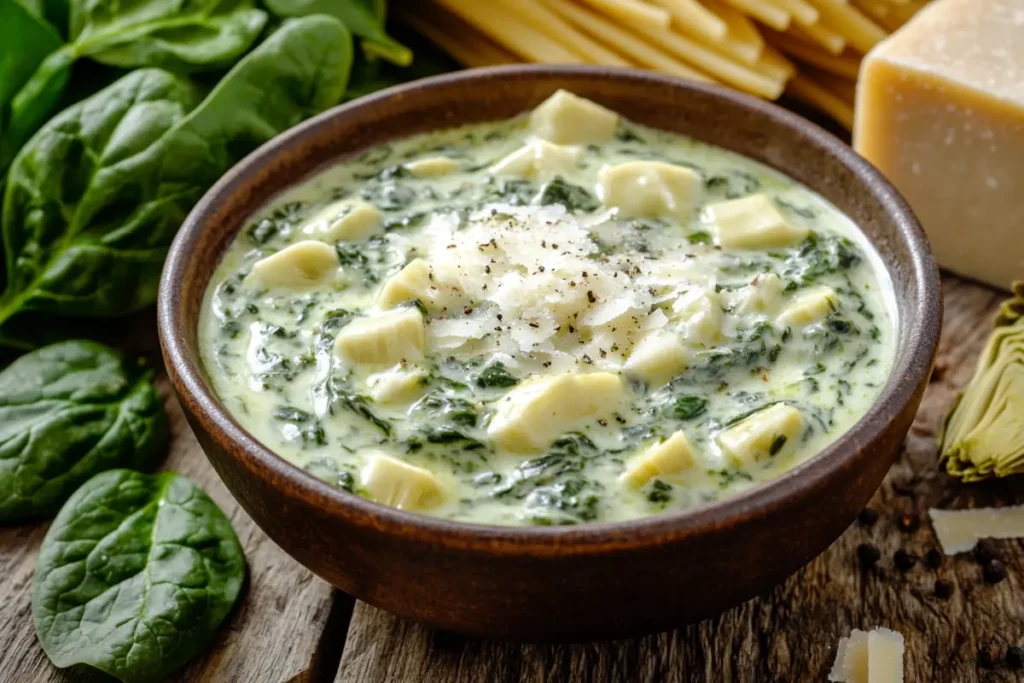 A rustic bowl of creamy spinach and artichoke pasta sauce, topped with freshly grated Parmesan cheese and black pepper, surrounded by fresh spinach leaves and artichoke pieces, highlighting the concept of Will cottage cheese melt in a sauce?.