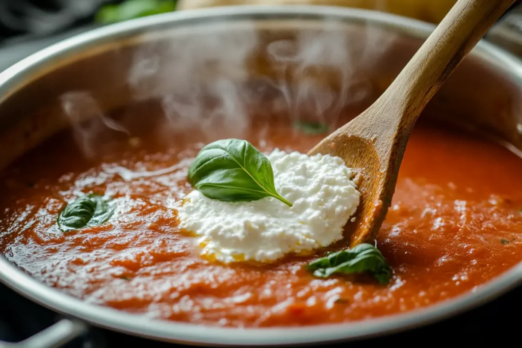 A steaming skillet of creamy tomato sauce with a wooden spoon lifting a dollop of cottage cheese, garnished with fresh basil leaves, illustrating the concept of Will cottage cheese melt in a sauce?.