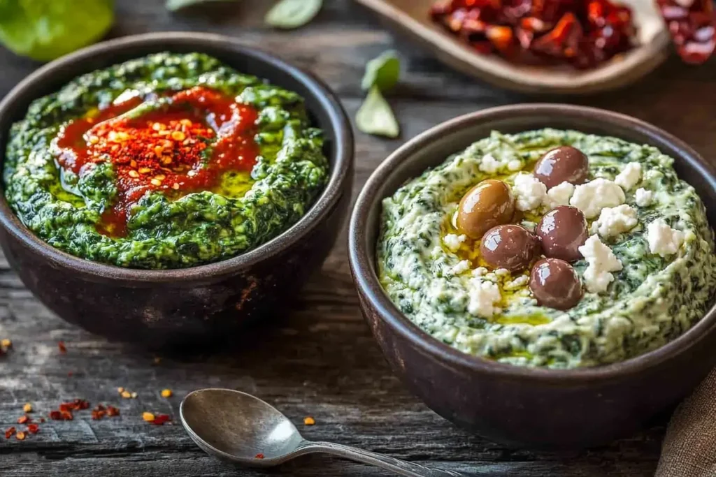 Creative variations of spinach dip showcasing spicy and Mediterranean styles in bowls, addressing the question 'Is spinach dip supposed to be heated up?