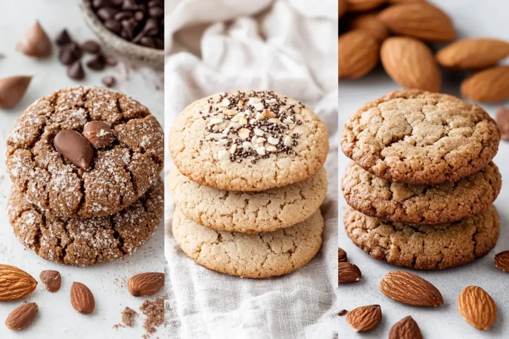 A divided image showcasing Keto, Paleo, and Vegan almond flour cookies, and shows how : Can almond flour be used for baking cookies? with a variety of different recipes.