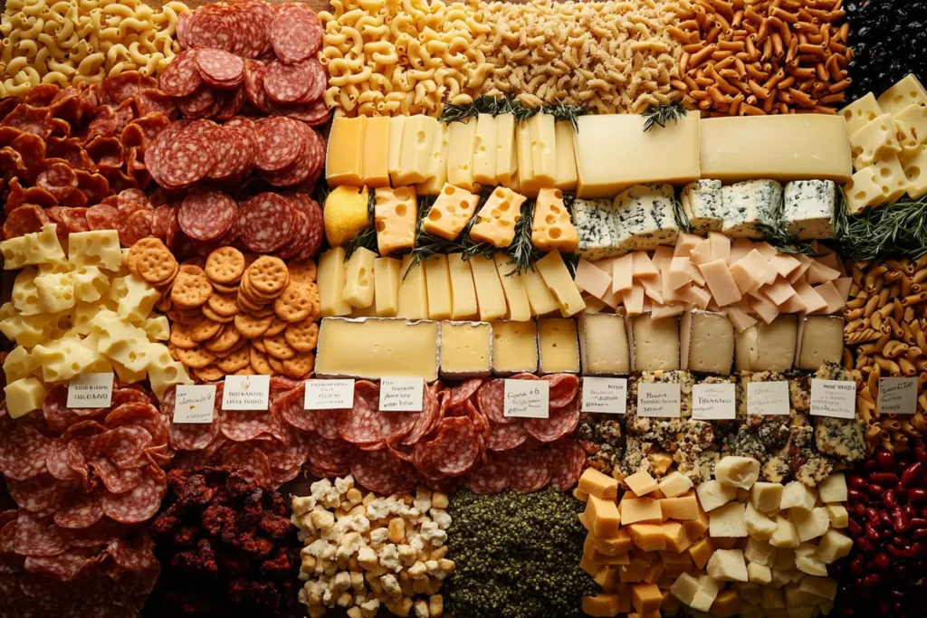 Cheese board featuring different cheese combinations for how to make chorizo mac and cheese?